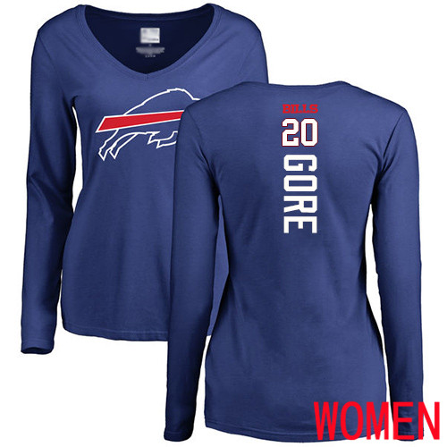 NFL Women Buffalo Bills #20 Frank Gore Royal Blue Backer Long Sleeve T Shirt->nfl t-shirts->Sports Accessory